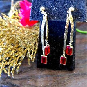 Gold and Red Geometric Earrings with Vibrant Stones